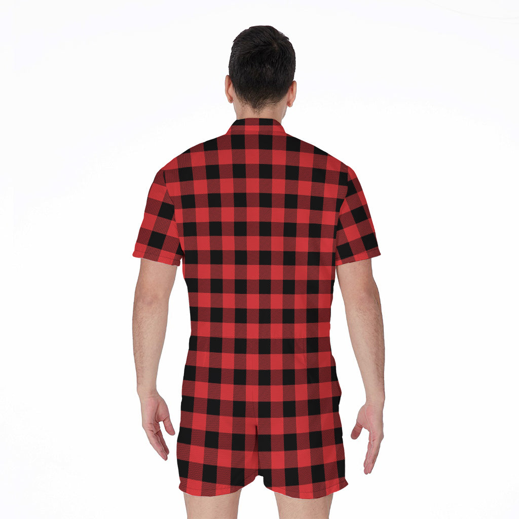 Red And Black Buffalo Plaid Print Men's Rompers