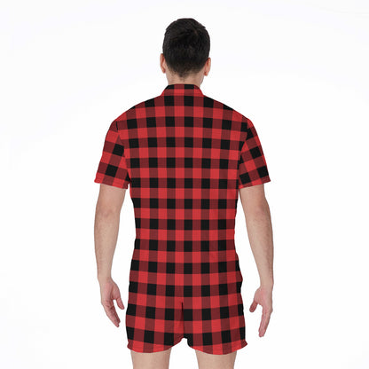 Red And Black Buffalo Plaid Print Men's Rompers