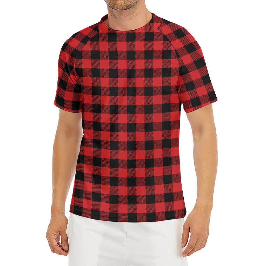 Red And Black Buffalo Plaid Print Men's Short Sleeve Rash Guard
