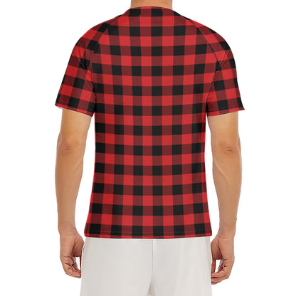 Red And Black Buffalo Plaid Print Men's Short Sleeve Rash Guard
