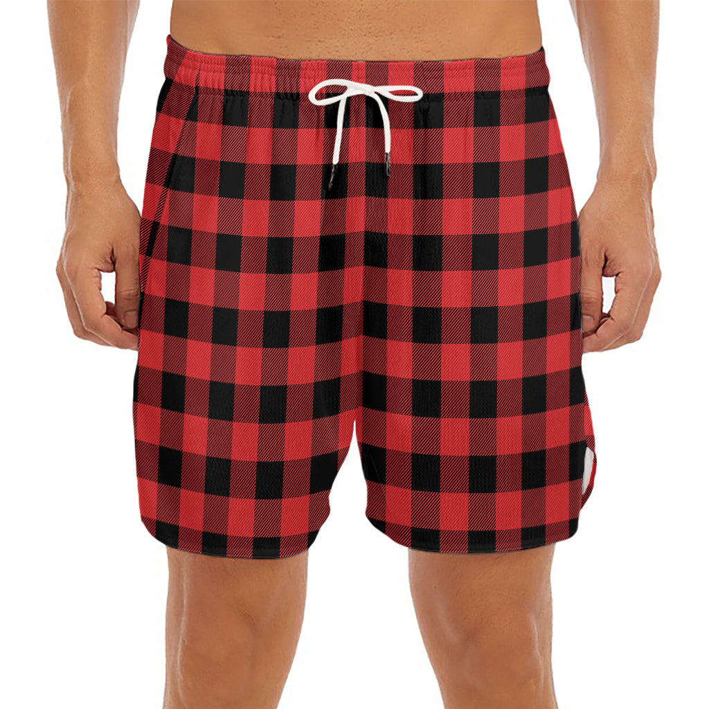 Red And Black Buffalo Plaid Print Men's Split Running Shorts