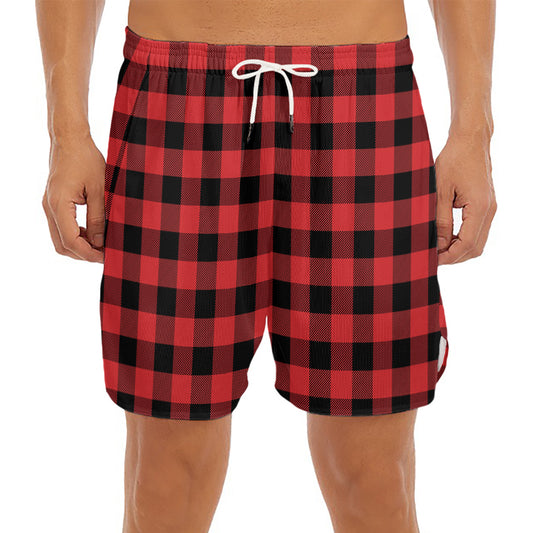 Red And Black Buffalo Plaid Print Men's Split Running Shorts