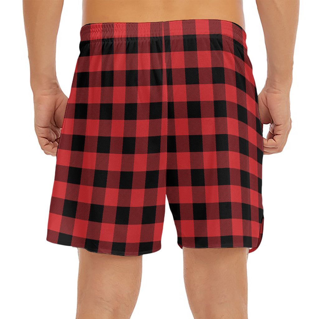 Red And Black Buffalo Plaid Print Men's Split Running Shorts