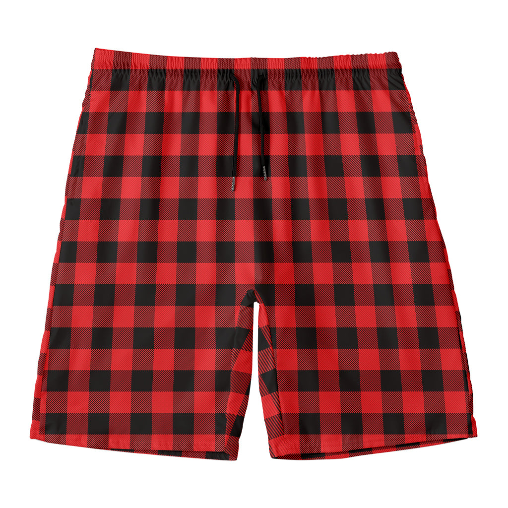 Red And Black Buffalo Plaid Print Men's Swim Trunks