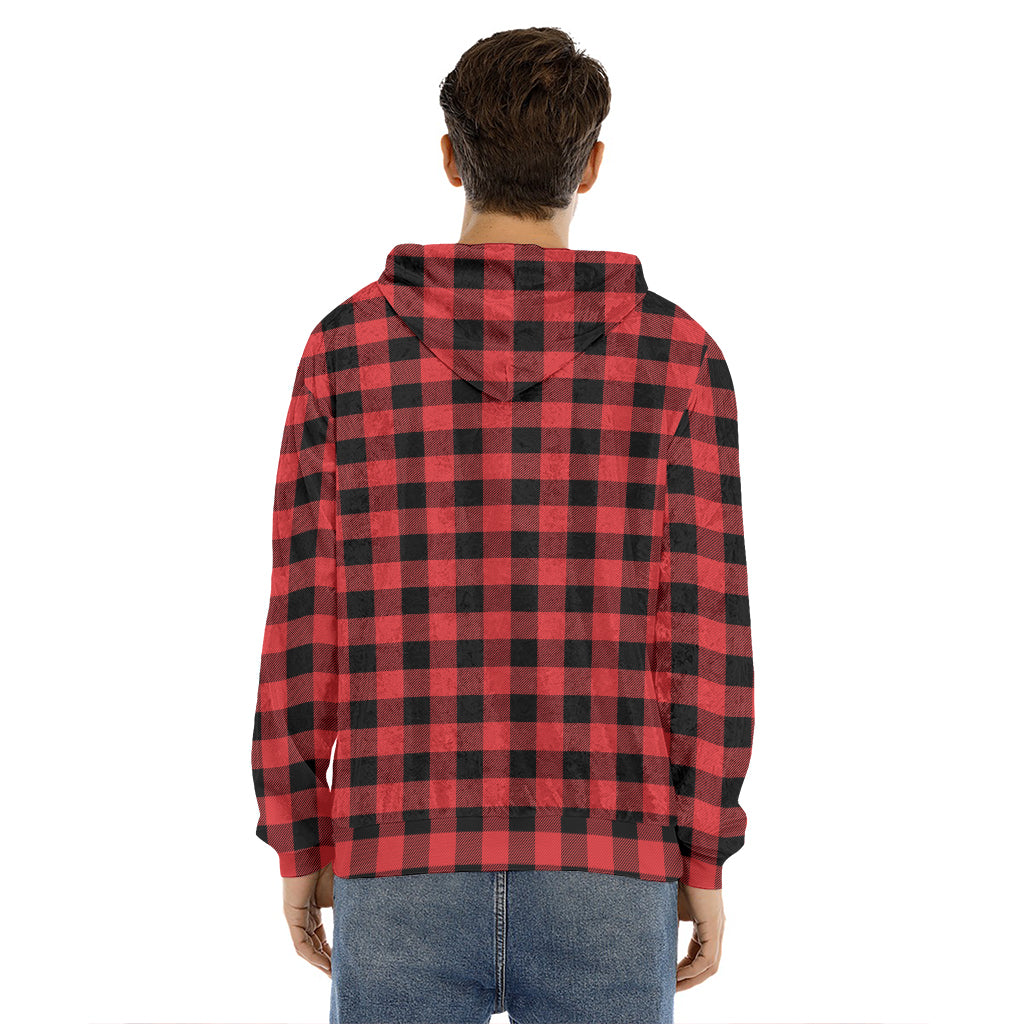 Red And Black Buffalo Plaid Print Men's Velvet Pullover Hoodie