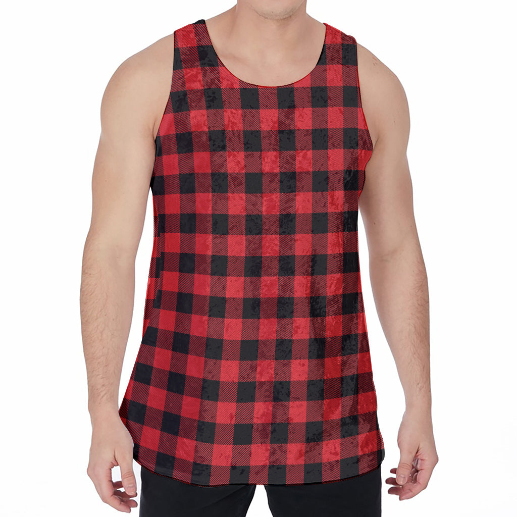 Red And Black Buffalo Plaid Print Men's Velvet Tank Top