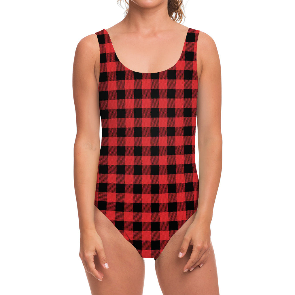 Red And Black Buffalo Plaid Print One Piece Swimsuit