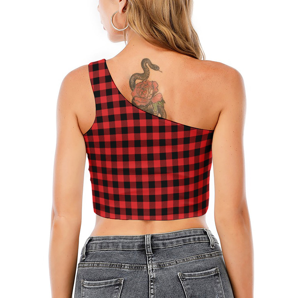 Red And Black Buffalo Plaid Print One Shoulder Crop Top