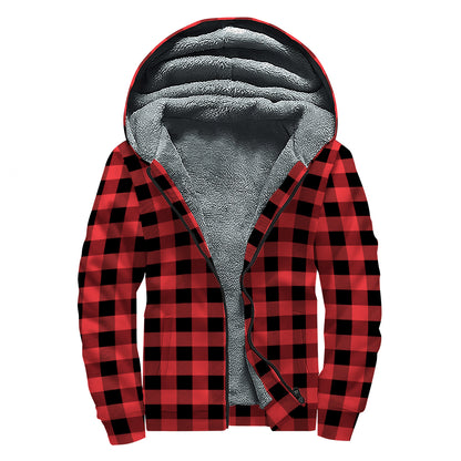 Red And Black Buffalo Plaid Print Sherpa Lined Zip Up Hoodie