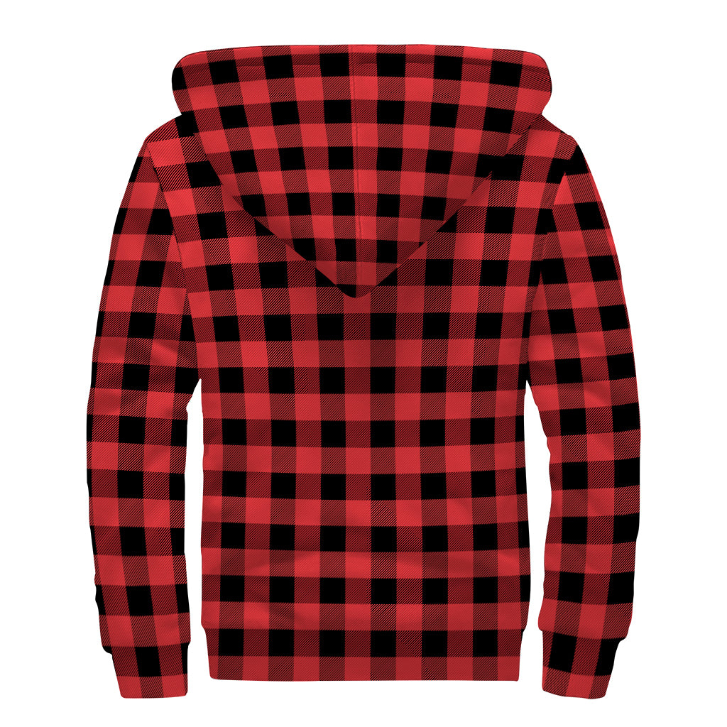 Red And Black Buffalo Plaid Print Sherpa Lined Zip Up Hoodie