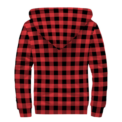 Red And Black Buffalo Plaid Print Sherpa Lined Zip Up Hoodie