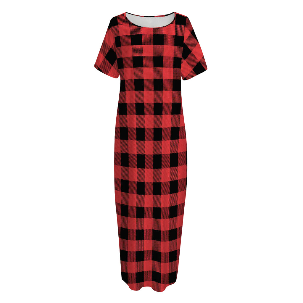 Red And Black Buffalo Plaid Print Short Sleeve Long Nightdress
