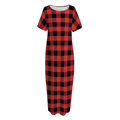 Red And Black Buffalo Plaid Print Short Sleeve Long Nightdress