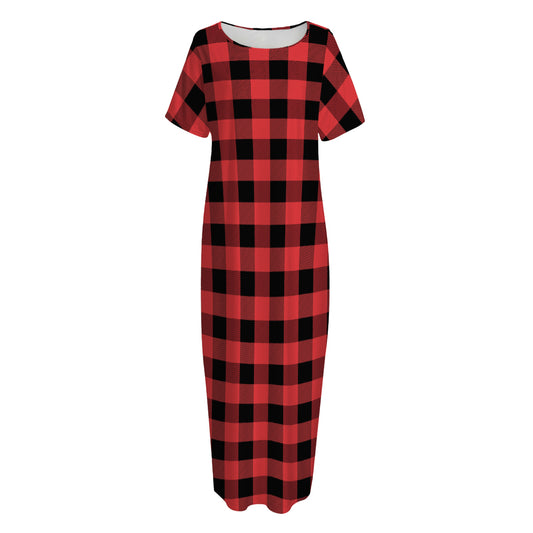 Red And Black Buffalo Plaid Print Short Sleeve Long Nightdress