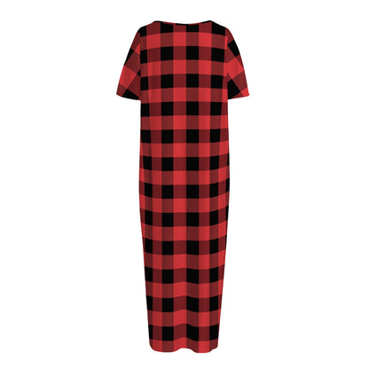 Red And Black Buffalo Plaid Print Short Sleeve Long Nightdress