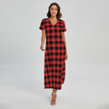 Red And Black Buffalo Plaid Print Short Sleeve Maxi Dress