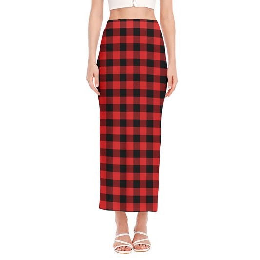 Red And Black Buffalo Plaid Print Side Slit Maxi Skirt