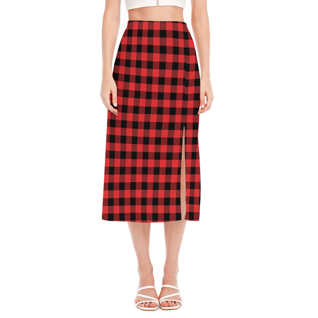 Red And Black Buffalo Plaid Print Side Slit Midi Skirt