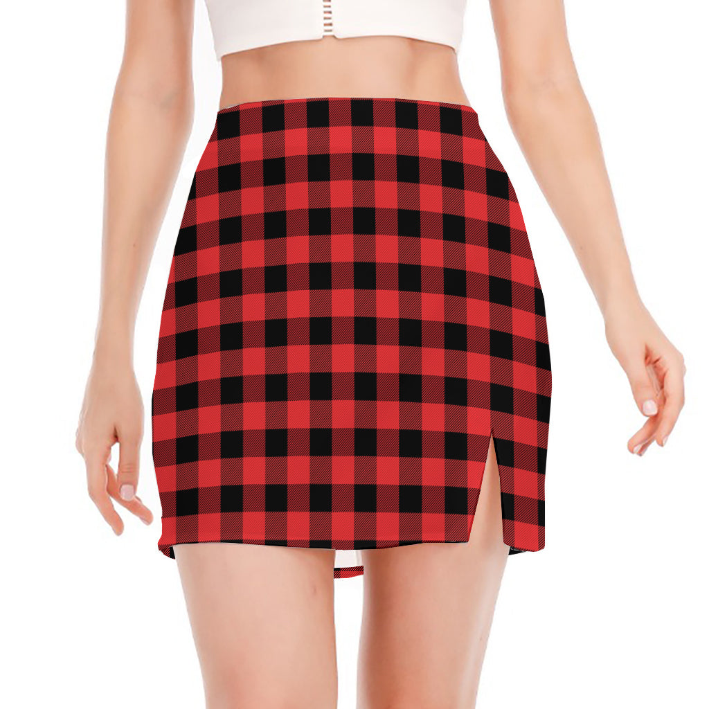 Red And Black Buffalo Plaid Print Side Slit Mini Skirt