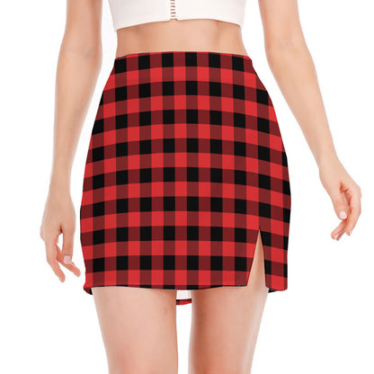 Red And Black Buffalo Plaid Print Side Slit Mini Skirt