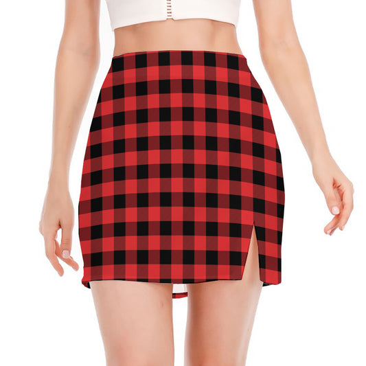 Red And Black Buffalo Plaid Print Side Slit Mini Skirt