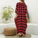 Red And Black Buffalo Plaid Print Silk V-Neck Kaftan Dress