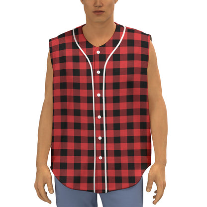 Red And Black Buffalo Plaid Print Sleeveless Baseball Jersey