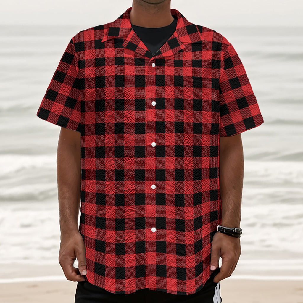 Red And Black Buffalo Plaid Print Textured Short Sleeve Shirt