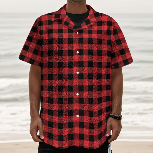 Red And Black Buffalo Plaid Print Textured Short Sleeve Shirt
