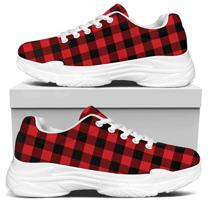 Red And Black Buffalo Plaid Print White Chunky Shoes
