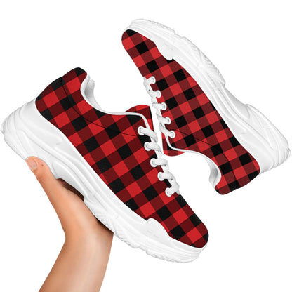 Red And Black Buffalo Plaid Print White Chunky Shoes