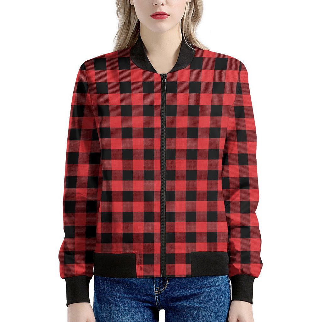 Red And Black Buffalo Plaid Print Women's Bomber Jacket