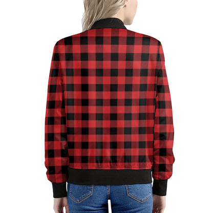 Red And Black Buffalo Plaid Print Women's Bomber Jacket