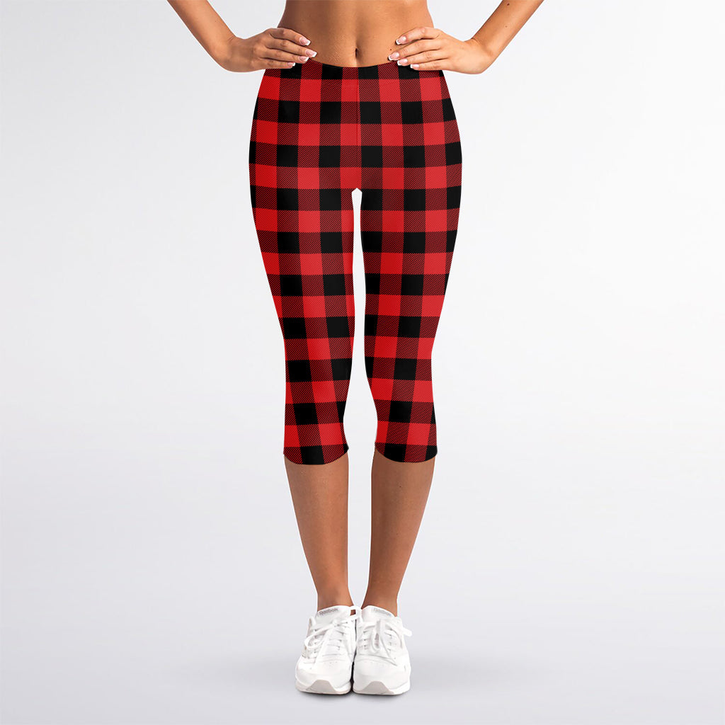 Red And Black Buffalo Plaid Print Women's Capri Leggings