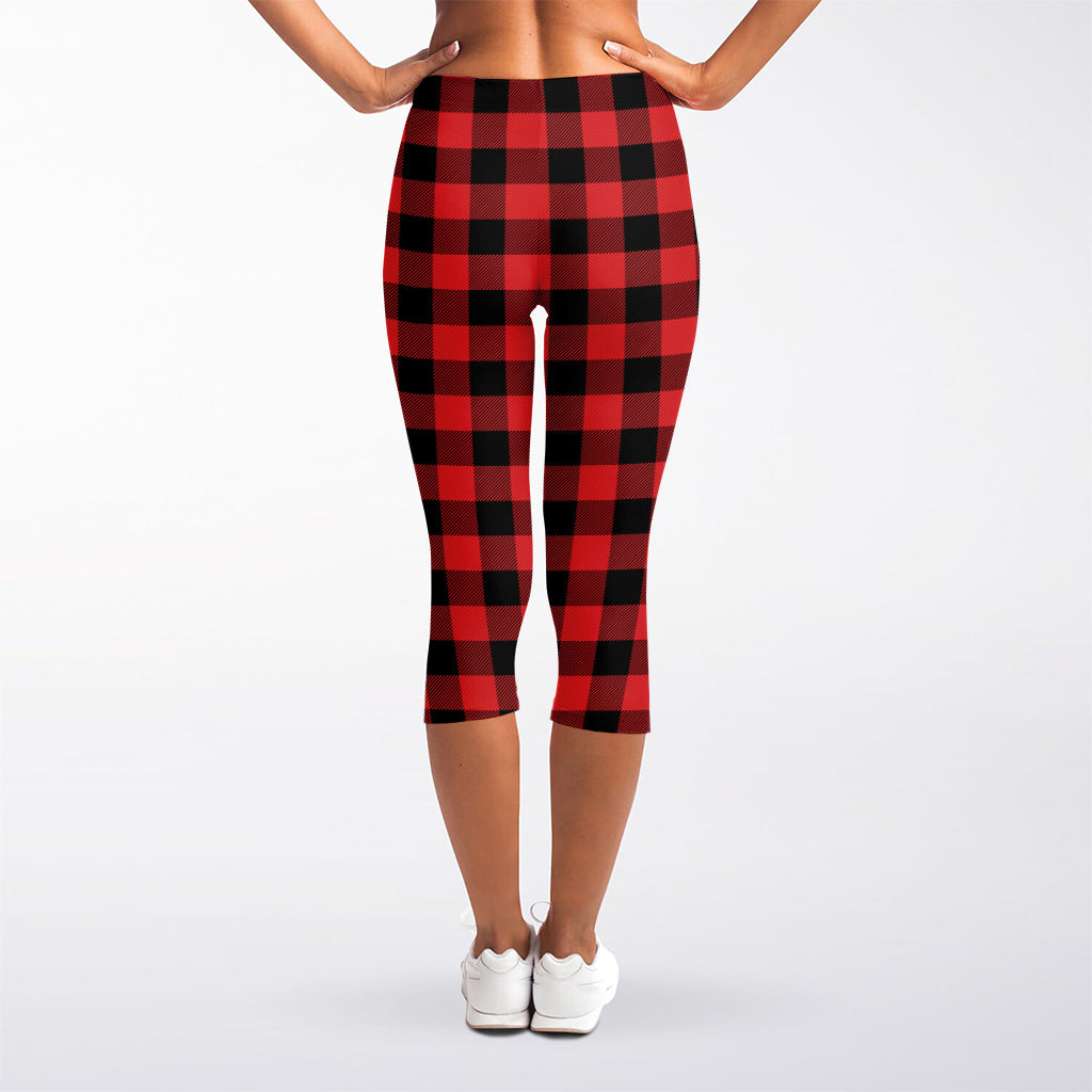 Red And Black Buffalo Plaid Print Women's Capri Leggings