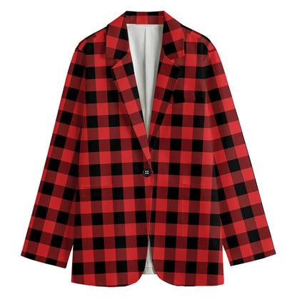 Red And Black Buffalo Plaid Print Women's Cotton Blazer