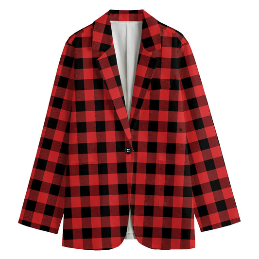 Red And Black Buffalo Plaid Print Women's Cotton Blazer