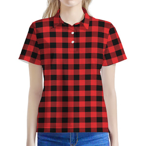 Red And Black Buffalo Plaid Print Women's Polo Shirt