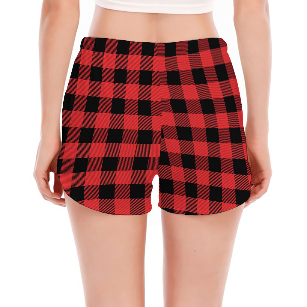 Red And Black Buffalo Plaid Print Women's Split Running Shorts