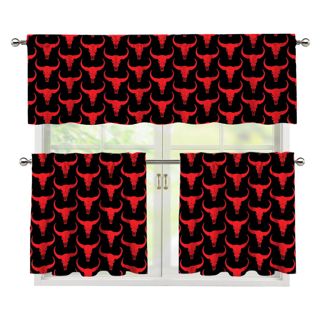 Red And Black Bull Skull Pattern Print 3 Piece Kitchen Curtains