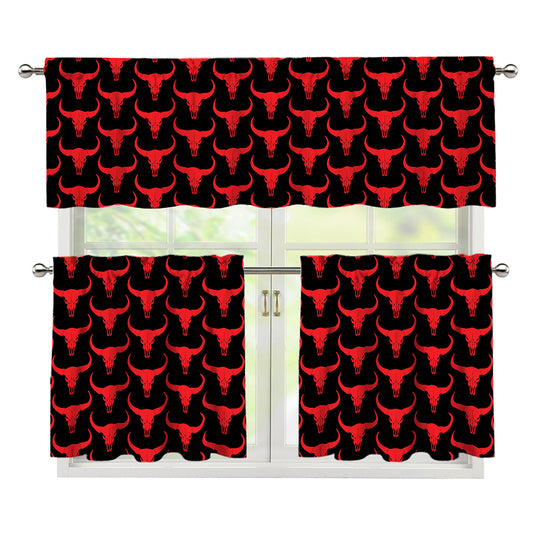 Red And Black Bull Skull Pattern Print 3 Piece Kitchen Curtains