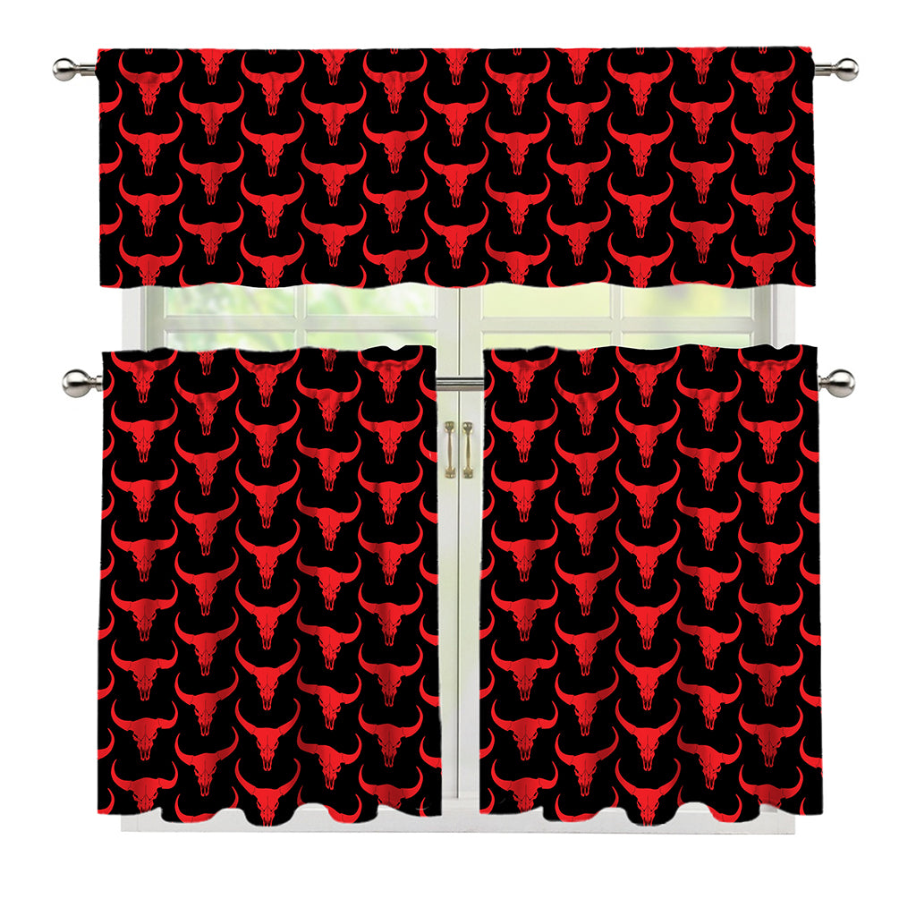Red And Black Bull Skull Pattern Print 3 Piece Kitchen Curtains