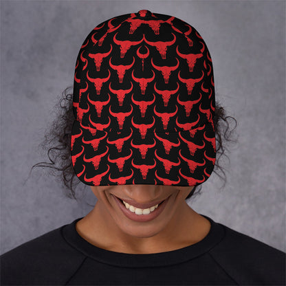 Red And Black Bull Skull Pattern Print Baseball Cap