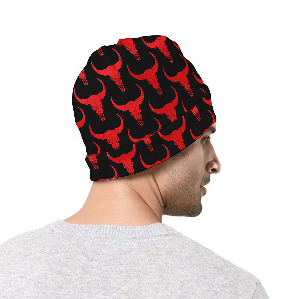 Red And Black Bull Skull Pattern Print Beanie