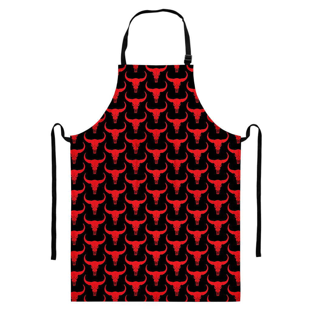 Red And Black Bull Skull Pattern Print Bib Apron With Pocket