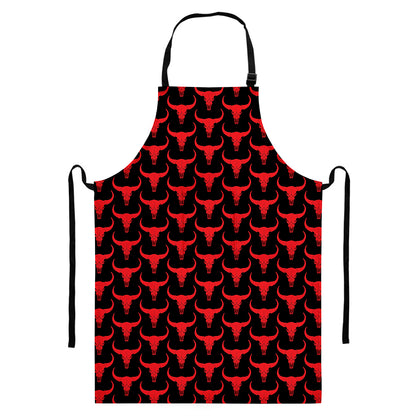 Red And Black Bull Skull Pattern Print Bib Apron With Pocket