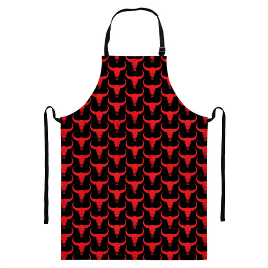 Red And Black Bull Skull Pattern Print Bib Apron With Pocket