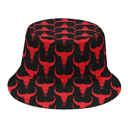 Red And Black Bull Skull Pattern Print Bucket Hat