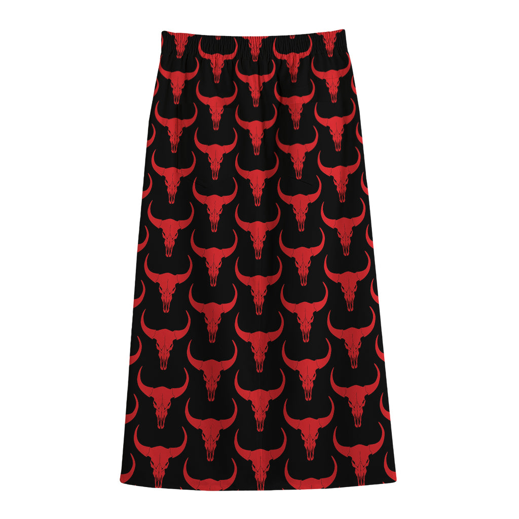 Red And Black Bull Skull Pattern Print Cotton Front Slit Maxi Skirt