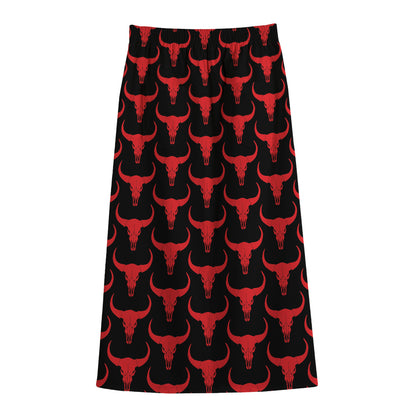 Red And Black Bull Skull Pattern Print Cotton Front Slit Maxi Skirt